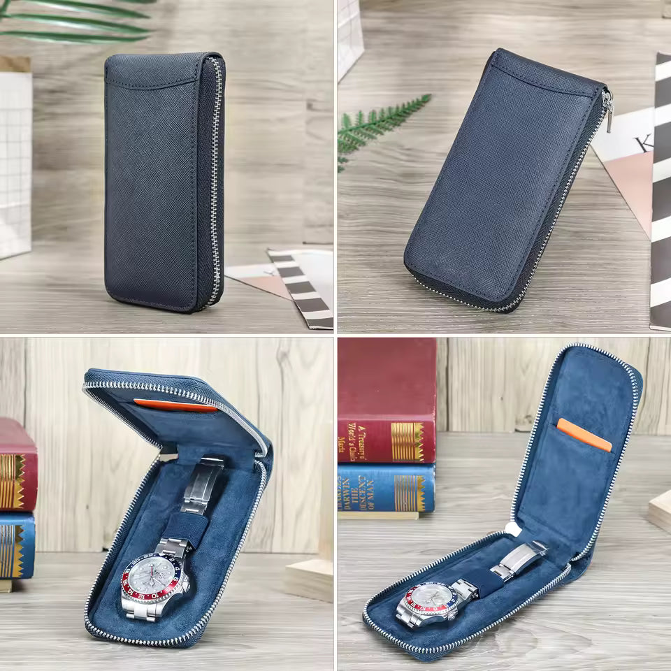 Genuine Saffiano Leather Single Slot Watch Case - Watch Storage Gift for Men & Women