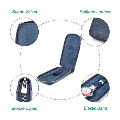 Genuine Saffiano Leather Single Slot Watch Case - Watch Storage Gift for Men & Women