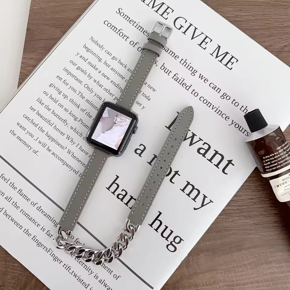 Gourmette Metal Double Tour Leather Bracelet for Apple Watch Band iWatch Series Ultra/9/8/7/6/5/4/SE