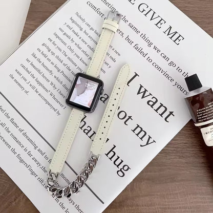 Gourmette Metal Double Tour Leather Bracelet for Apple Watch Band iWatch Series Ultra/9/8/7/6/5/4/SE