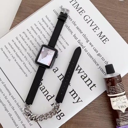 Gourmette Metal Double Tour Leather Bracelet for Apple Watch Band iWatch Series Ultra/9/8/7/6/5/4/SE