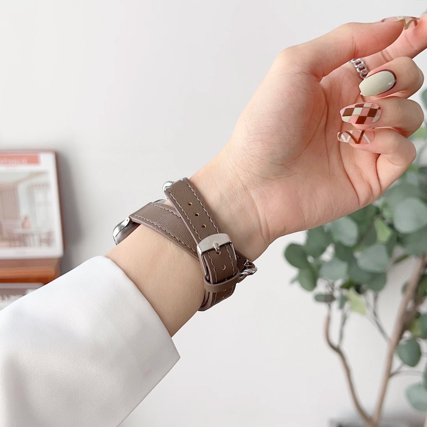 Gourmette Metal Double Tour Leather Bracelet for Apple Watch Band iWatch Series Ultra/9/8/7/6/5/4/SE