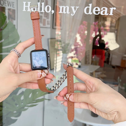 Gourmette Metal Double Tour Leather Bracelet for Apple Watch Band iWatch Series Ultra/9/8/7/6/5/4/SE