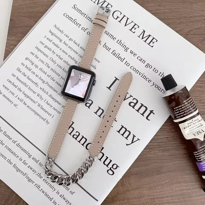 Gourmette Metal Double Tour Leather Bracelet for Apple Watch Band iWatch Series Ultra/9/8/7/6/5/4/SE