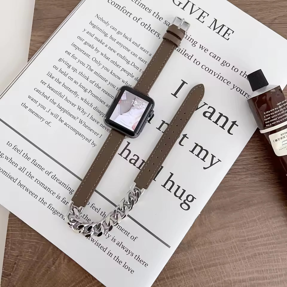 Gourmette Metal Double Tour Leather Bracelet for Apple Watch Band iWatch Series Ultra/9/8/7/6/5/4/SE