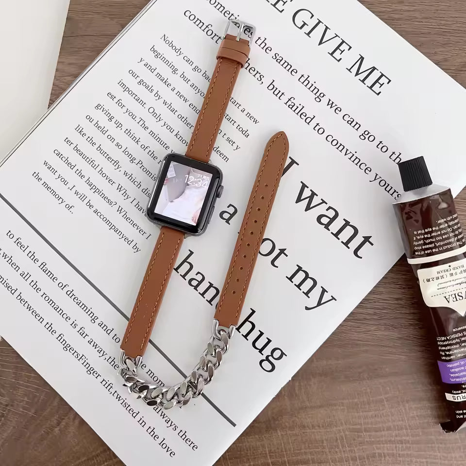 Gourmette Metal Double Tour Leather Bracelet for Apple Watch Band iWatch Series Ultra/9/8/7/6/5/4/SE