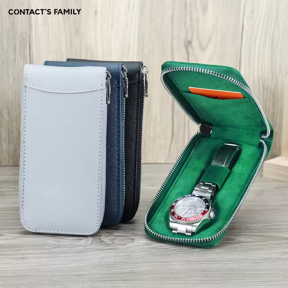 Genuine Saffiano Leather Single Slot Watch Case - Watch Storage Gift for Men & Women