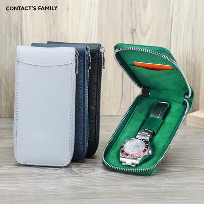 Genuine Saffiano Leather Single Slot Watch Case - Watch Storage Gift for Men & Women