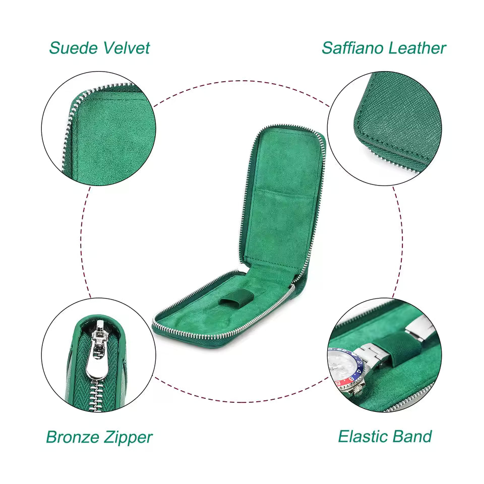 Genuine Saffiano Leather Single Slot Watch Case - Watch Storage Gift for Men & Women