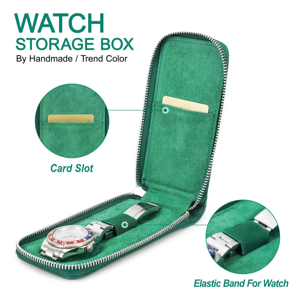 Genuine Saffiano Leather Single Slot Watch Case - Watch Storage Gift for Men & Women