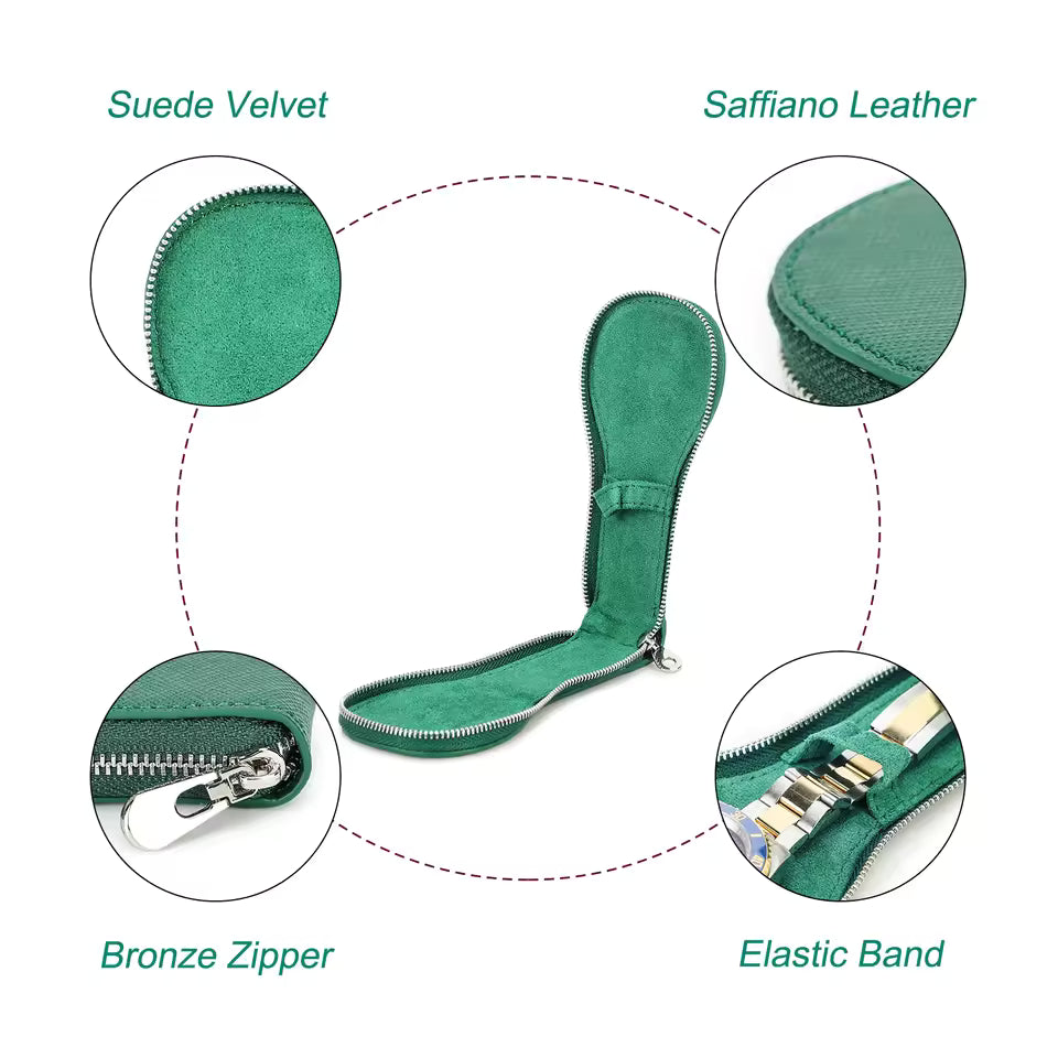 Genuine Saffiano Leather Single Slot Watch Case with Zipper - Portable Travel Watch Organizer