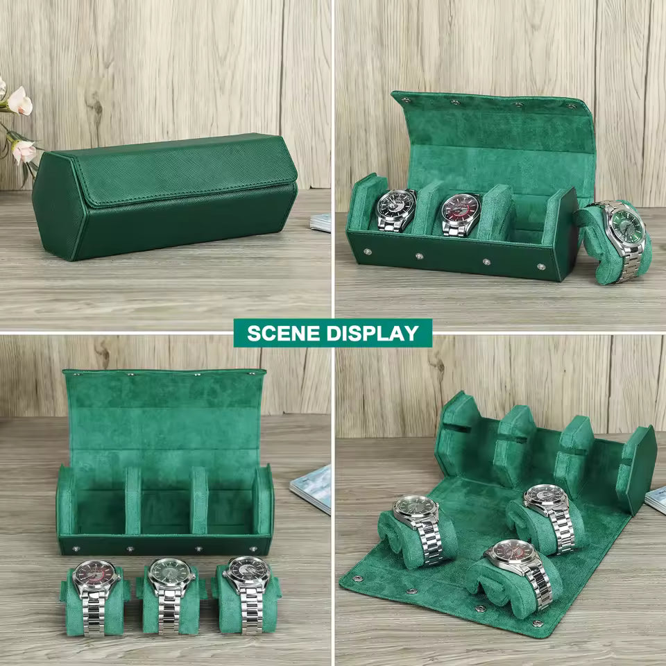 Saffiano Genuine Leather 3-Slot Watch Roll Case - Portable Hexagon Watch Storage Box