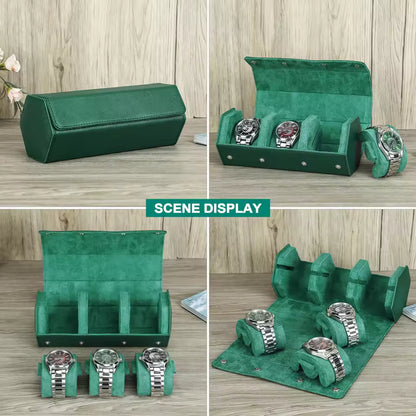 Saffiano Genuine Leather 3-Slot Watch Roll Case - Portable Hexagon Watch Storage Box