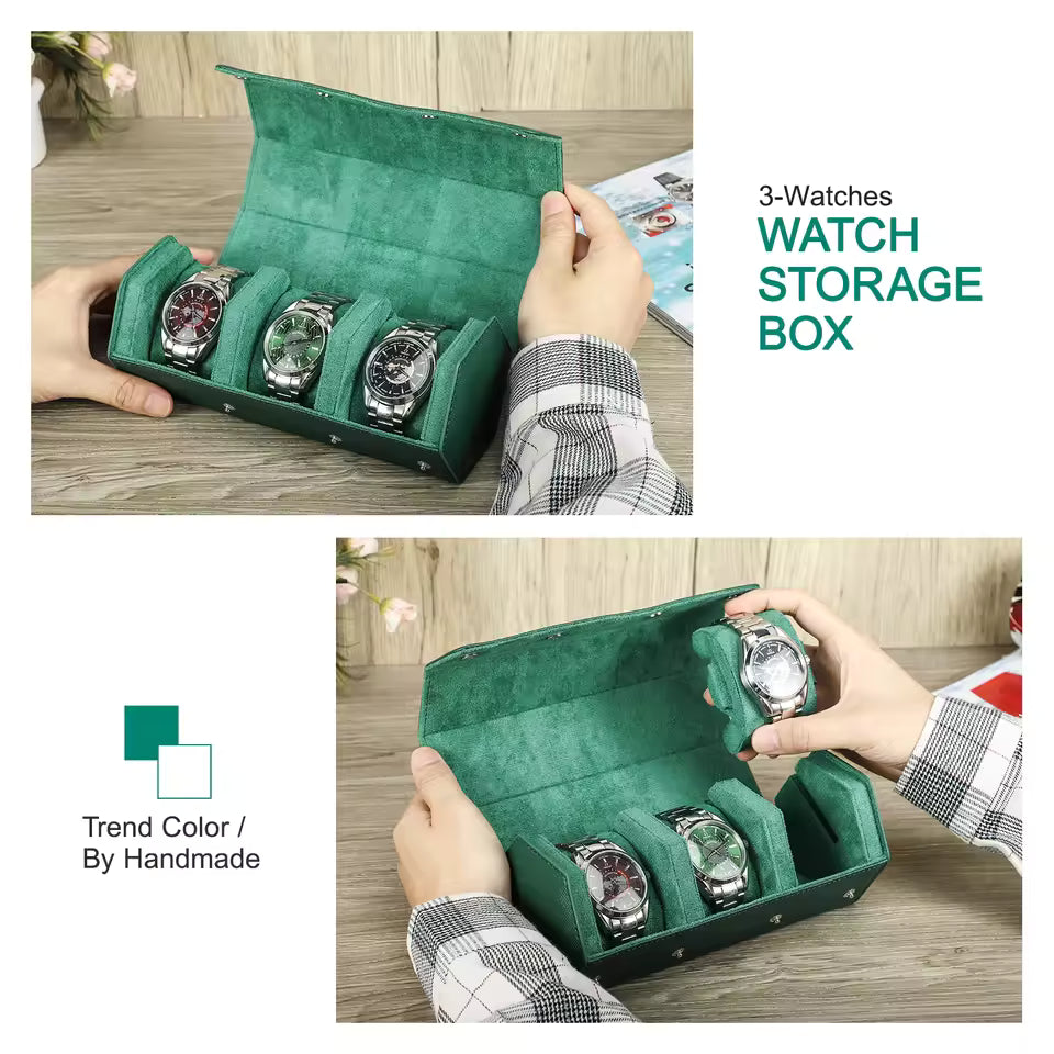 Saffiano Genuine Leather 3-Slot Watch Roll Case - Portable Hexagon Watch Storage Box