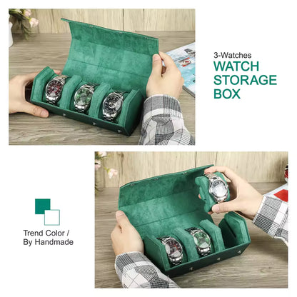 Saffiano Genuine Leather 3-Slot Watch Roll Case - Portable Hexagon Watch Storage Box