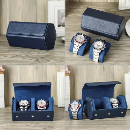 Saffiano Genuine Leather 2-Slot Watch Roll Case - Portable Hexagon Watch Storage Box