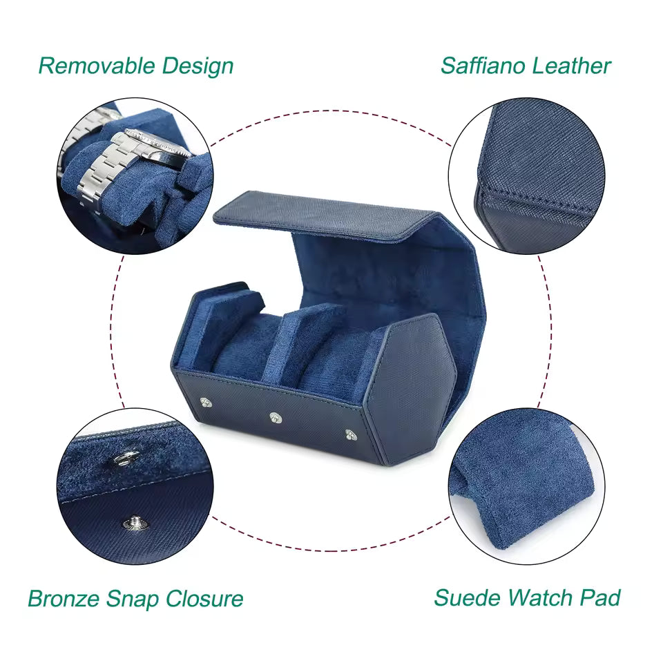 Saffiano Genuine Leather 2-Slot Watch Roll Case - Portable Hexagon Watch Storage Box