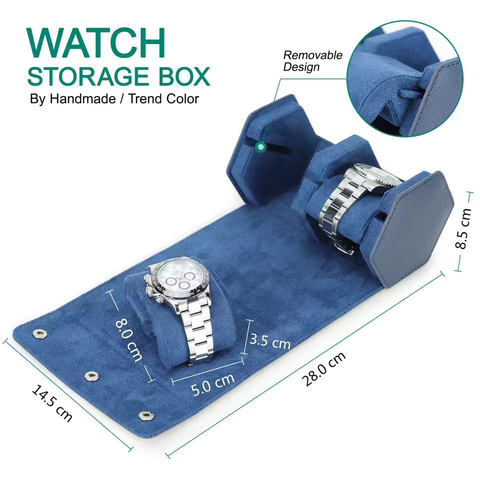 Saffiano Genuine Leather 2-Slot Watch Roll Case - Portable Hexagon Watch Storage Box