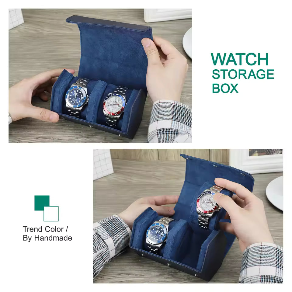 Saffiano Genuine Leather 2-Slot Watch Roll Case - Portable Hexagon Watch Storage Box