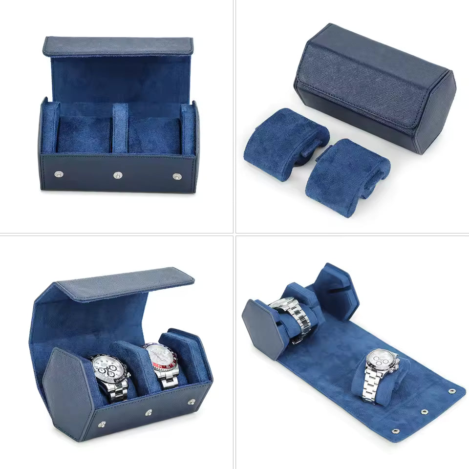 Saffiano Genuine Leather 2-Slot Watch Roll Case - Portable Hexagon Watch Storage Box