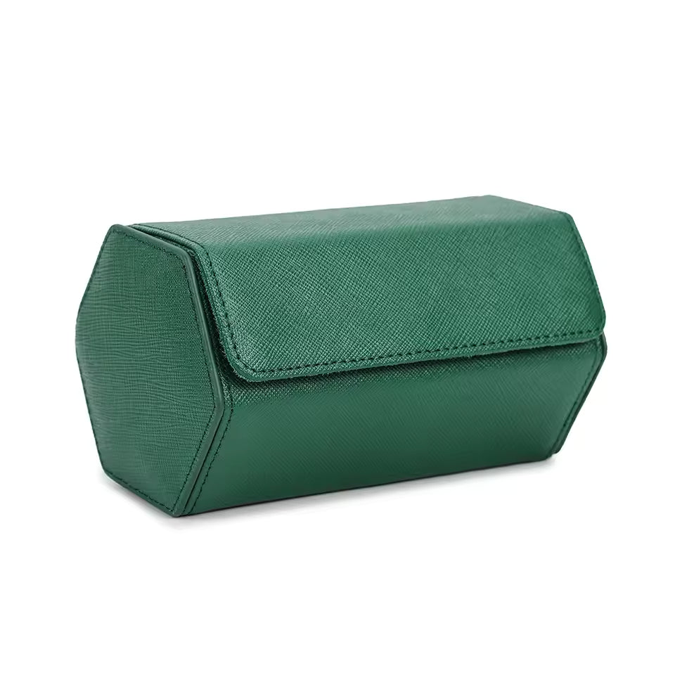 Saffiano Genuine Leather 2-Slot Watch Roll Case - Portable Hexagon Watch Storage Box