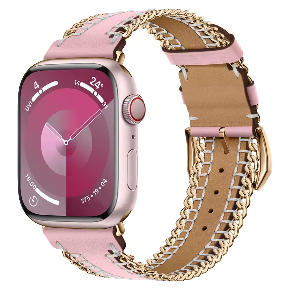 Hand Sewn Chain Leather Bracelet for Apple Watch Band iWatch Series Ultra3/2/11/10/9/8/7/6/5/SE