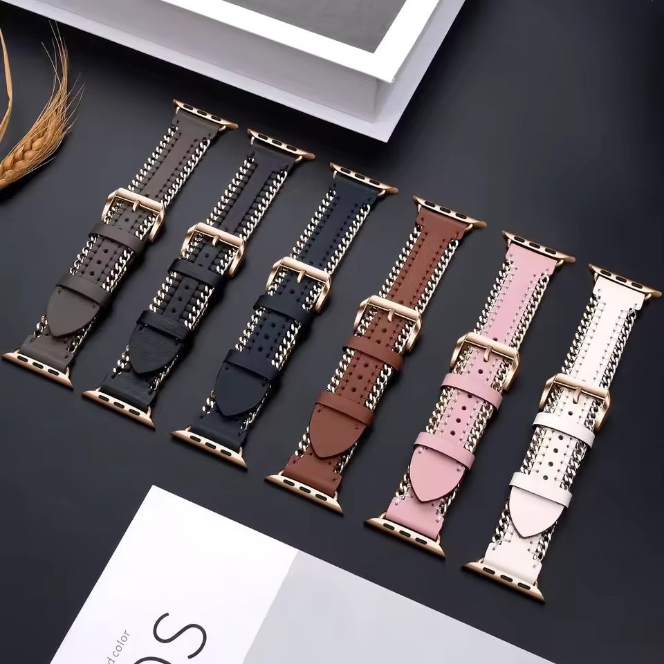 Hand Sewn Chain Leather Bracelet for Apple Watch Band iWatch Series Ultra3/2/11/10/9/8/7/6/5/SE