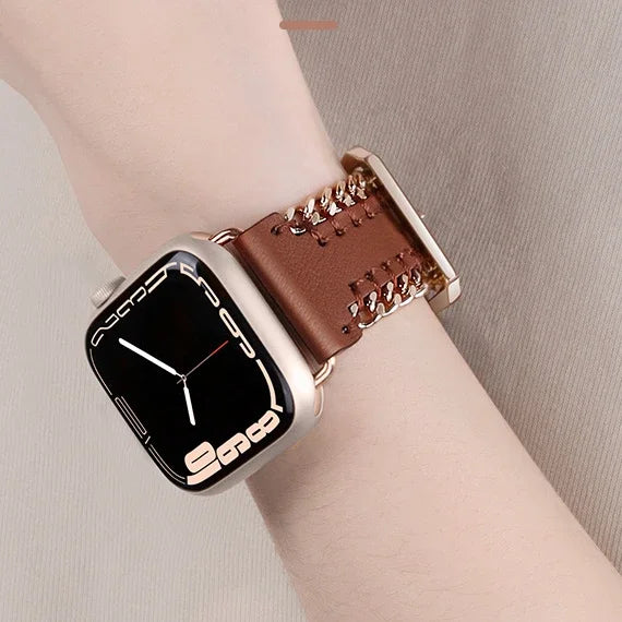 Hand Sewn Chain Leather Bracelet for Apple Watch Band iWatch Series Ultra3/2/11/10/9/8/7/6/5/SE