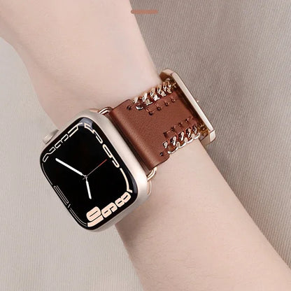Hand Sewn Chain Leather Bracelet for Apple Watch Band iWatch Series Ultra3/2/11/10/9/8/7/6/5/SE
