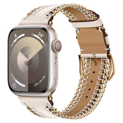 Hand Sewn Chain Leather Bracelet for Apple Watch Band iWatch Series Ultra3/2/11/10/9/8/7/6/5/SE