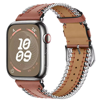 Hand Sewn Chain Leather Bracelet for Apple Watch Band iWatch Series Ultra3/2/11/10/9/8/7/6/5/SE