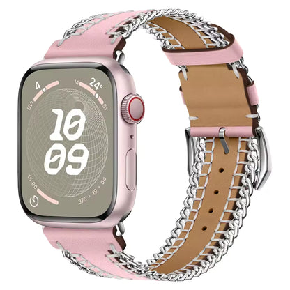 Hand Sewn Chain Leather Bracelet for Apple Watch Band iWatch Series Ultra3/2/11/10/9/8/7/6/5/SE