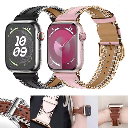 Hand Sewn Chain Leather Bracelet for Apple Watch Band iWatch Series Ultra3/2/11/10/9/8/7/6/5/SE