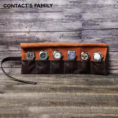 Luxury Genuine Leather 6-Slot Watch Roll Case - Portable Watch Organizer Travel Watch Case
