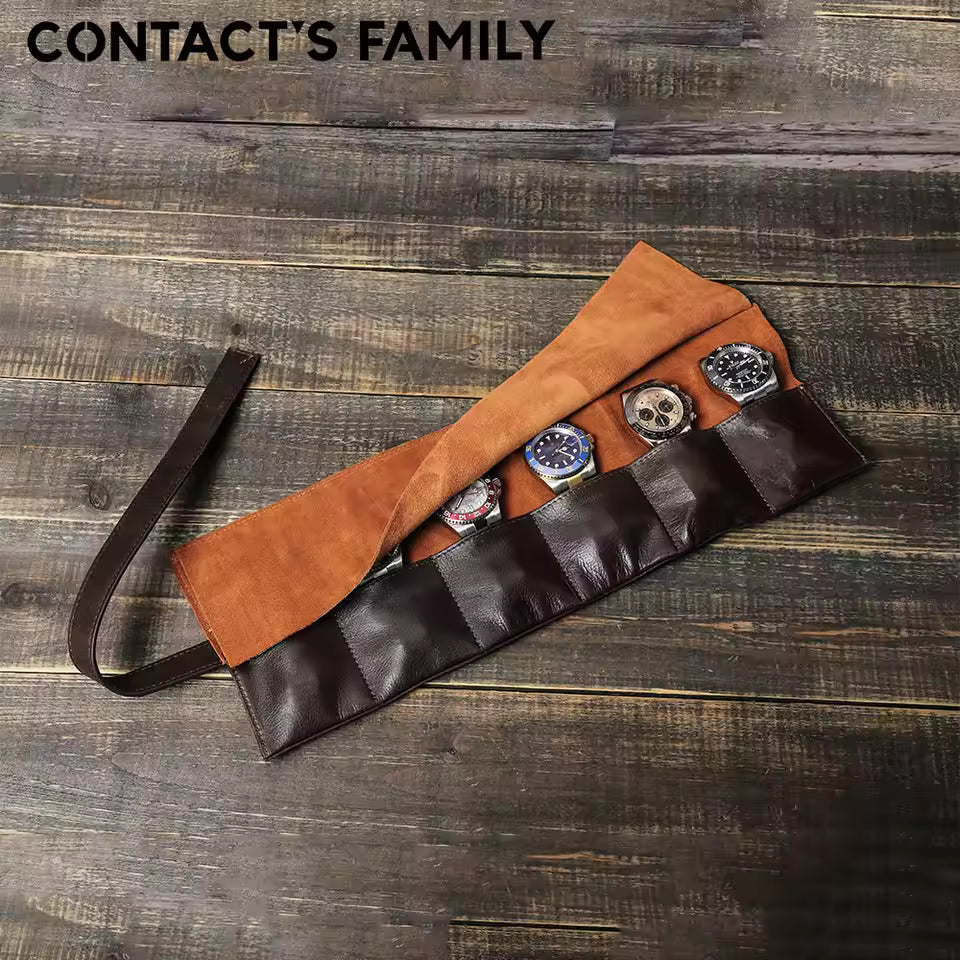 Luxury Genuine Leather 6-Slot Watch Roll Case - Portable Watch Organizer Travel Watch Case