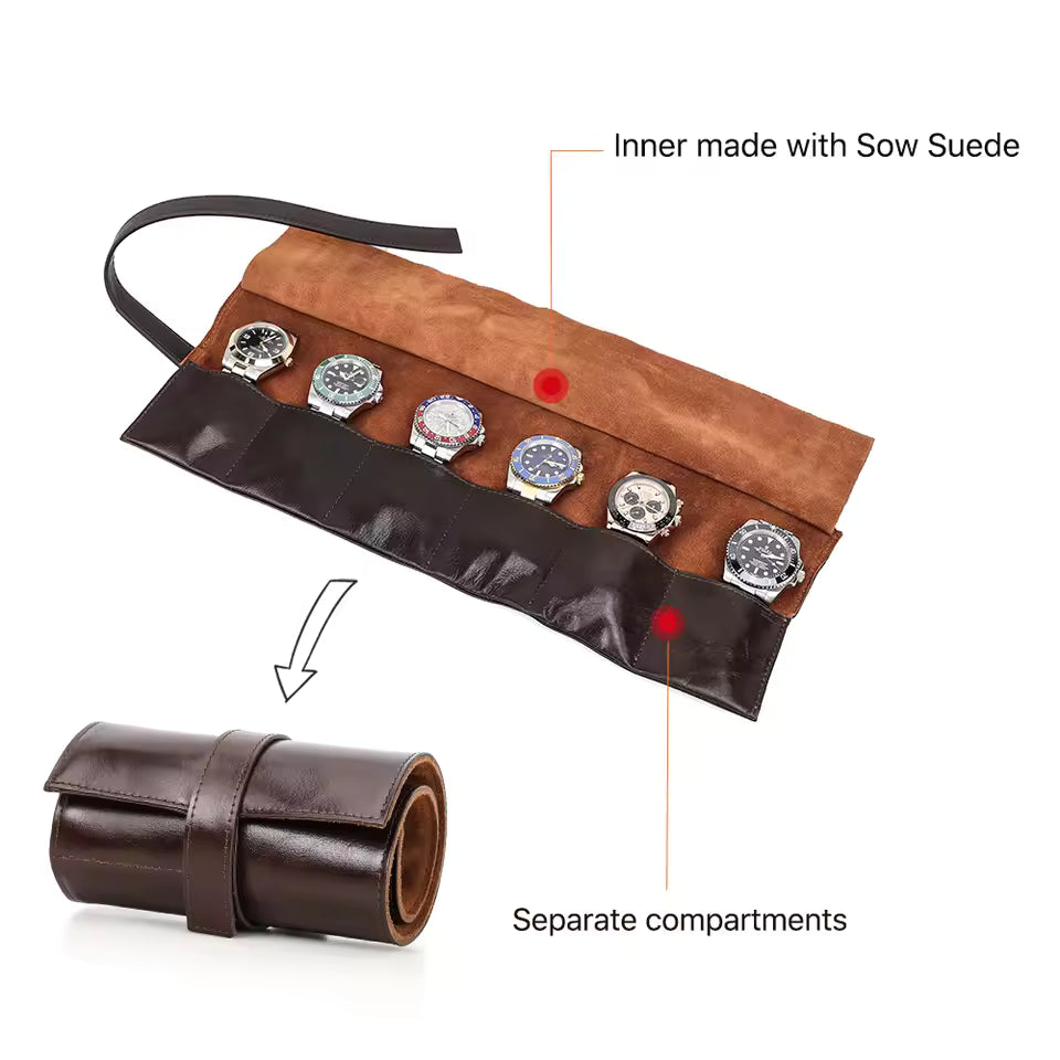 Luxury Genuine Leather 6-Slot Watch Roll Case - Portable Watch Organizer Travel Watch Case