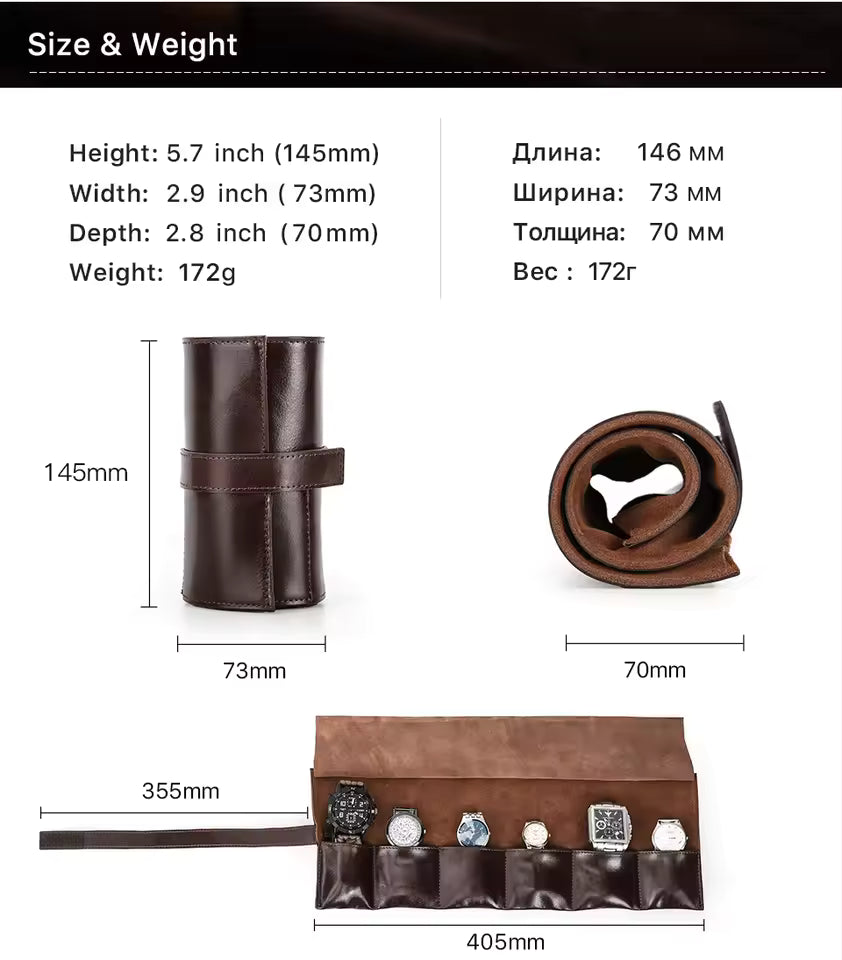 Luxury Genuine Leather 6-Slot Watch Roll Case - Portable Watch Organizer Travel Watch Case
