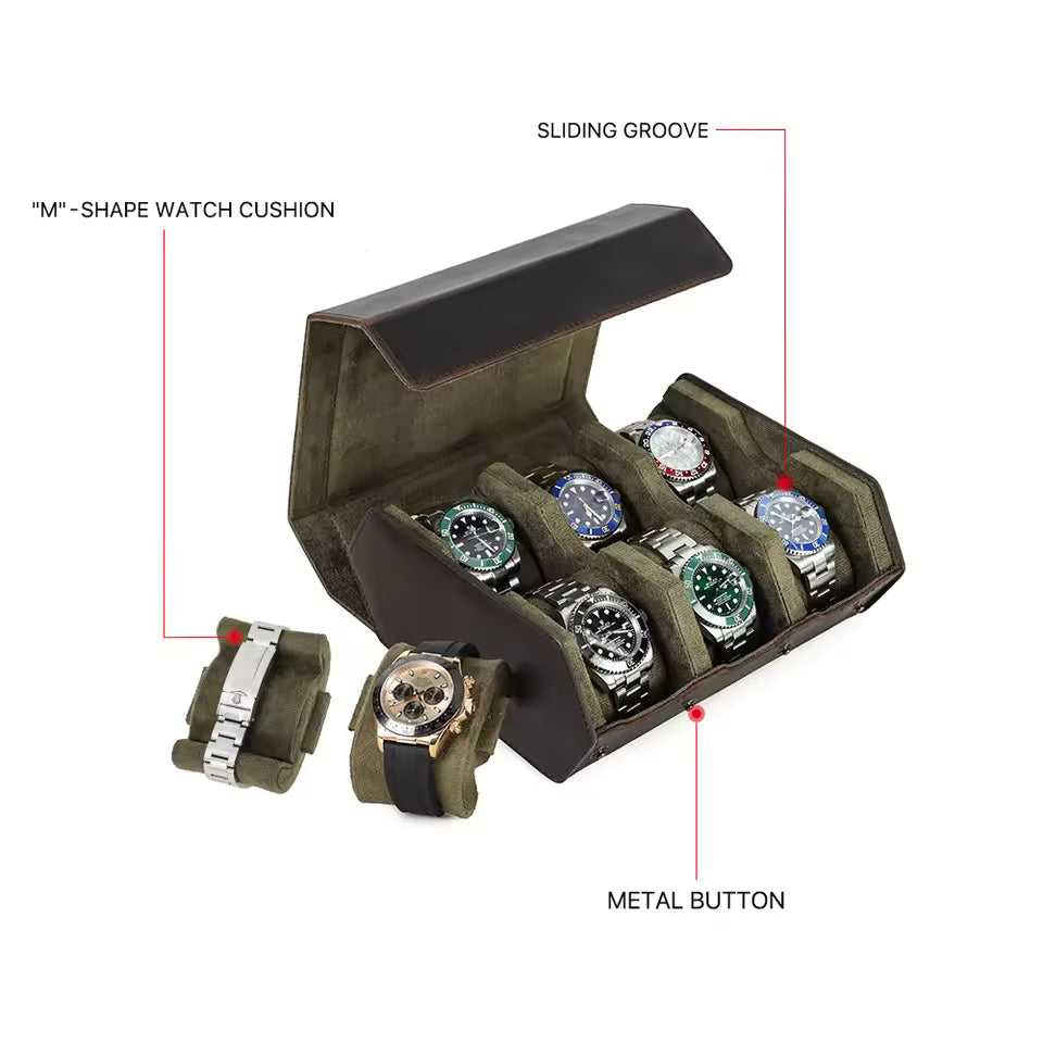 Luxury Cowhide Leather 6/8 Slots Watch Roll Box - Vintage Hexagon Watch Box