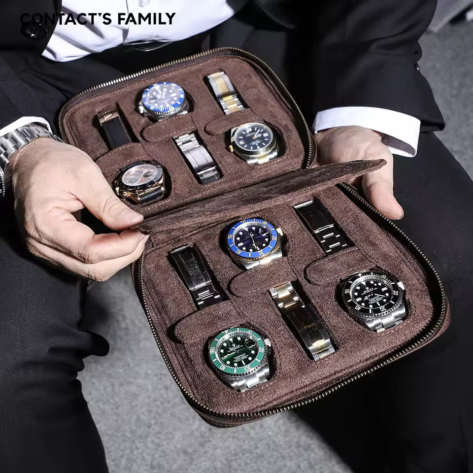 Men's Genuine Leather 2/4/6/8 Slots Watch Case - Travel Portable Watch Box Organizer