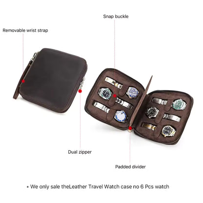 Men's Genuine Leather 2/4/6/8 Slots Watch Case - Travel Portable Watch Box Organizer
