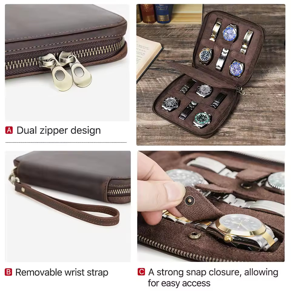 Men's Genuine Leather 2/4/6/8 Slots Watch Case - Travel Portable Watch Box Organizer