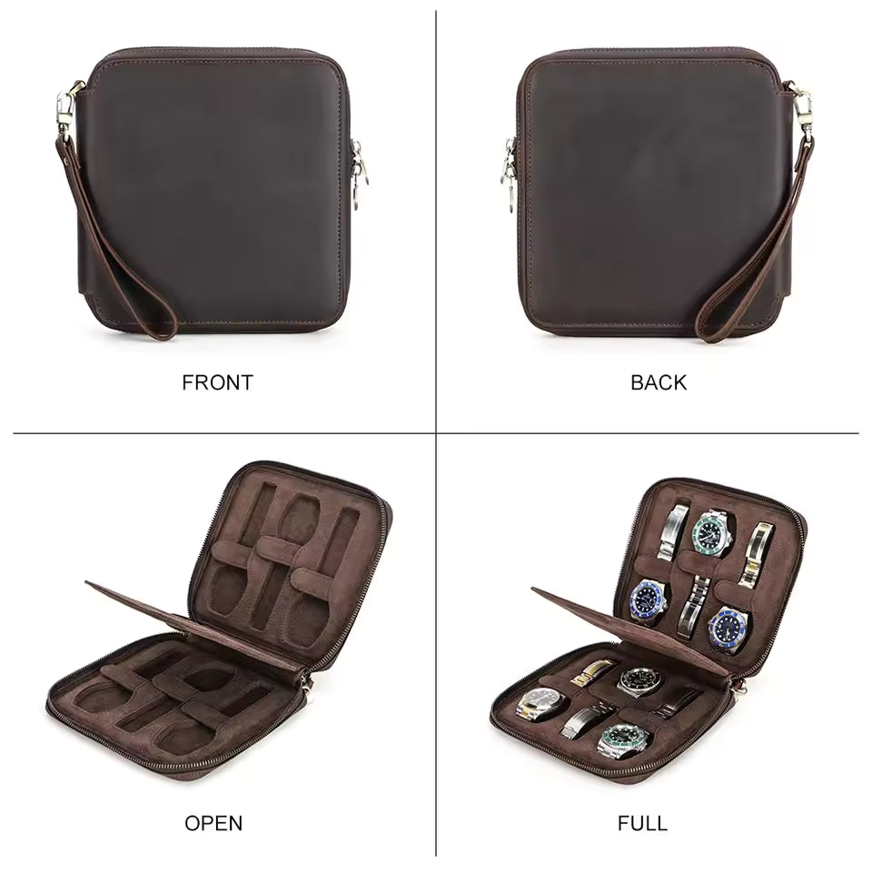 Men's Genuine Leather 2/4/6/8 Slots Watch Case - Travel Portable Watch Box Organizer