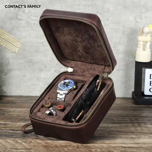 Multi-Compartment Leather Watch Box with Jewelry & Sunglasses Storage Organizer