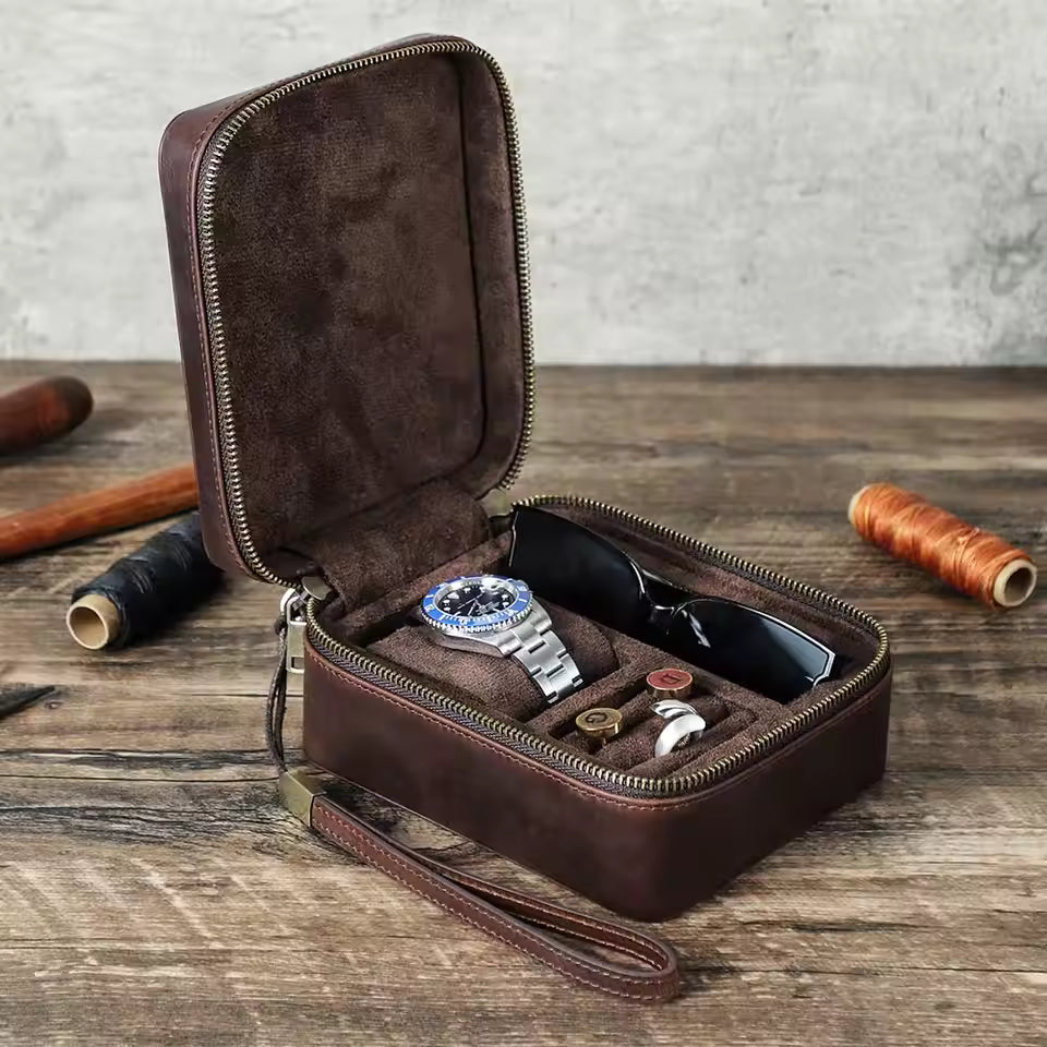 Multi-Compartment Leather Watch Box with Jewelry & Sunglasses Storage Organizer