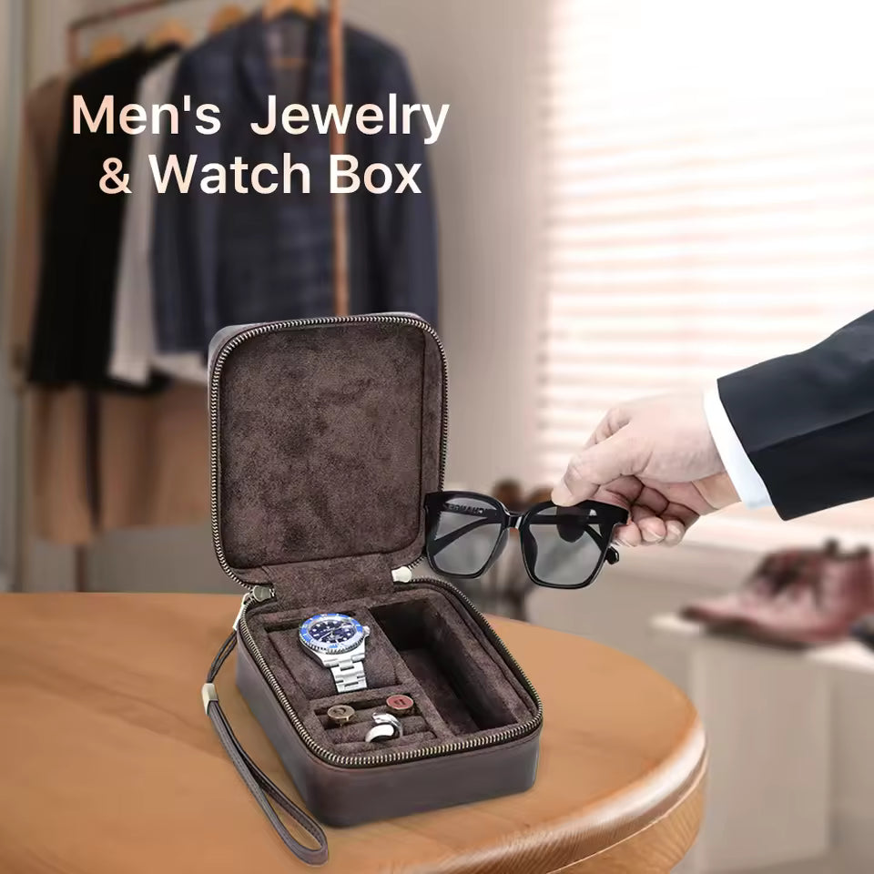 Multi-Compartment Leather Watch Box with Jewelry & Sunglasses Storage Organizer