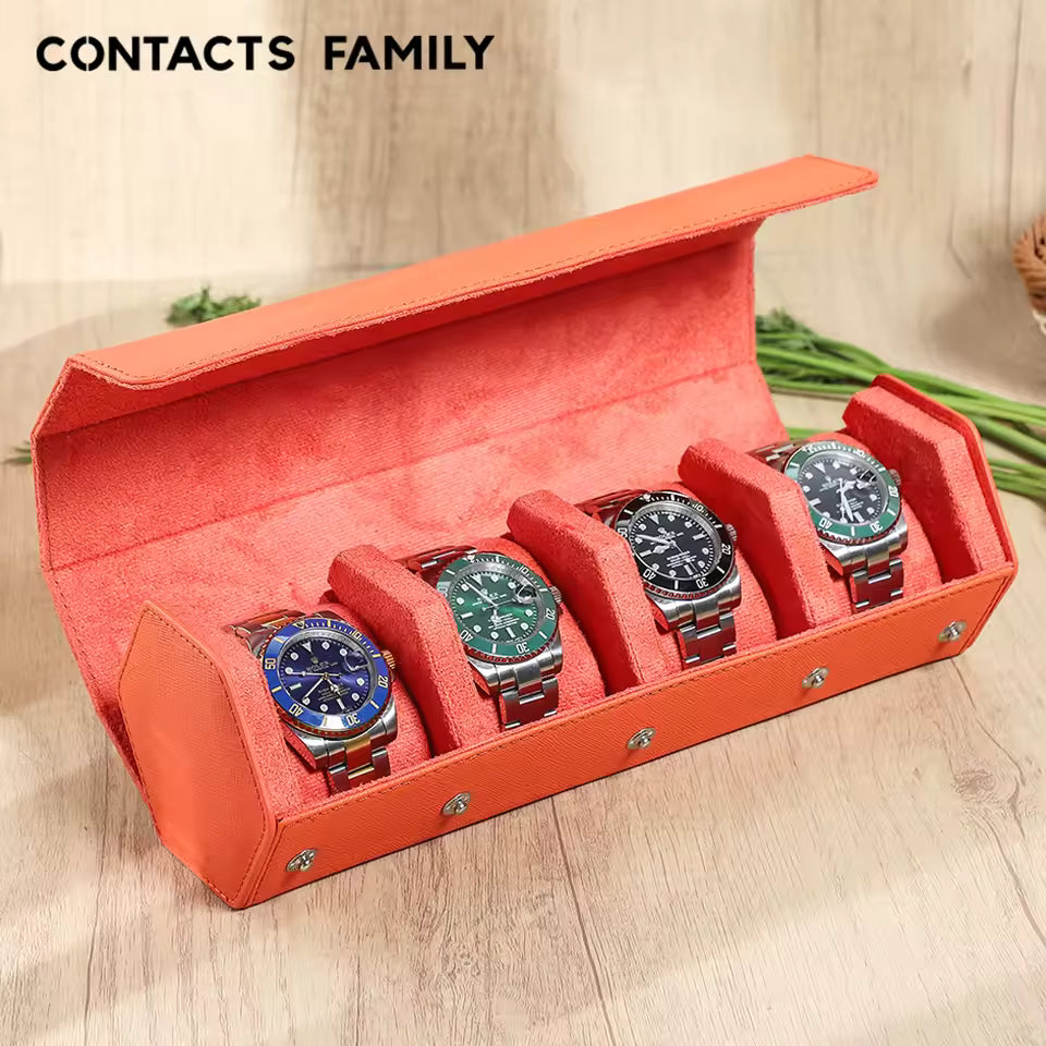 4-Slot Genuine Saffiano Leather Watch Roll Case - Portable Hexagon Watch Organizer