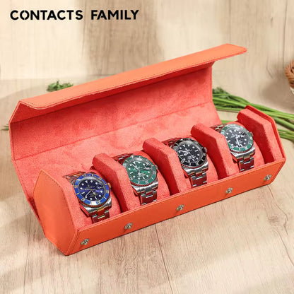 4-Slot Genuine Saffiano Leather Watch Roll Case - Portable Hexagon Watch Organizer