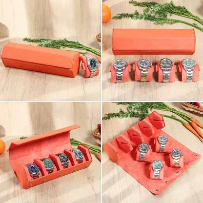 4-Slot Genuine Saffiano Leather Watch Roll Case - Portable Hexagon Watch Organizer