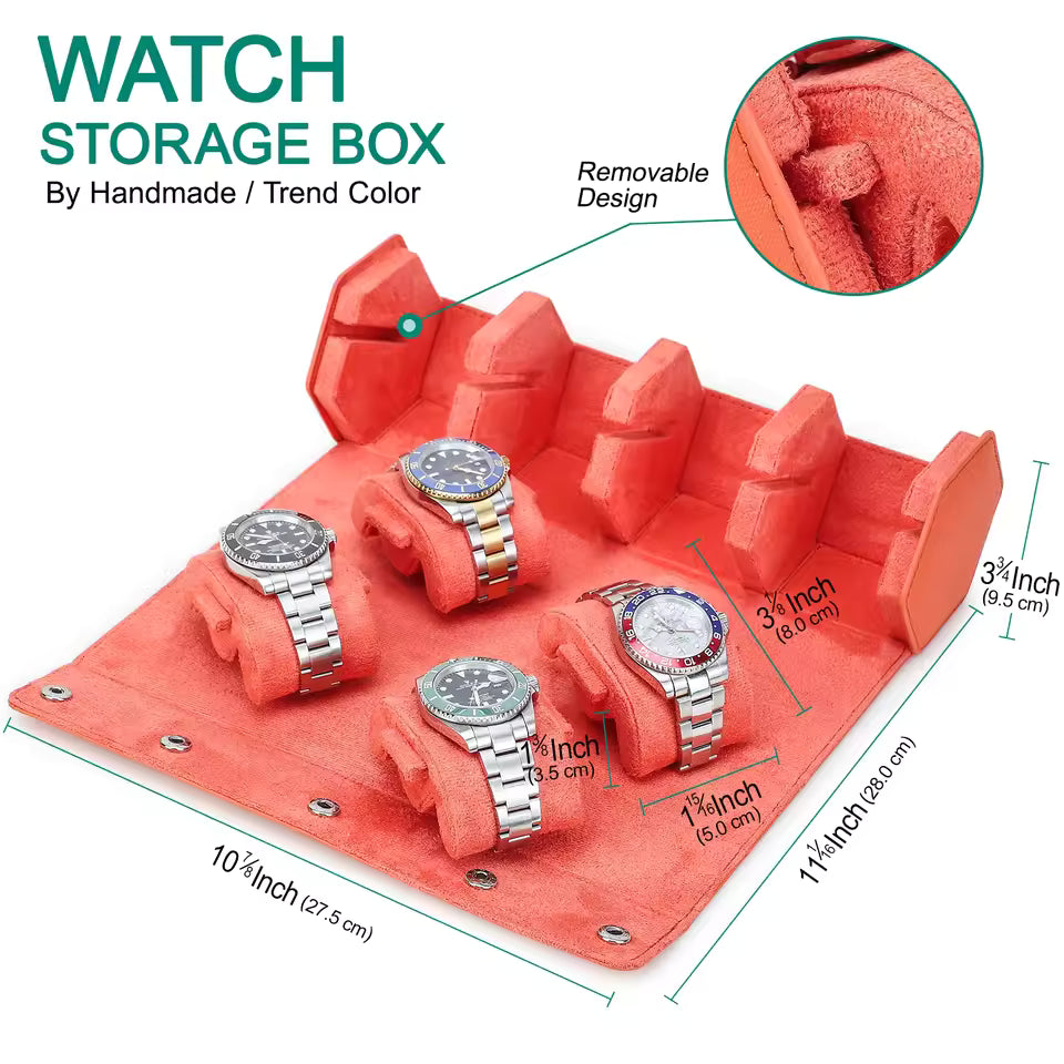 4-Slot Genuine Saffiano Leather Watch Roll Case - Portable Hexagon Watch Organizer