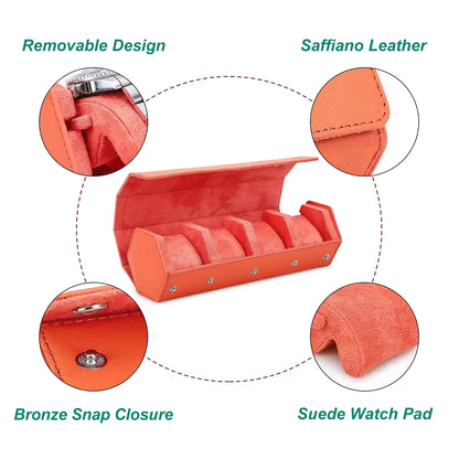 4-Slot Genuine Saffiano Leather Watch Roll Case - Portable Hexagon Watch Organizer